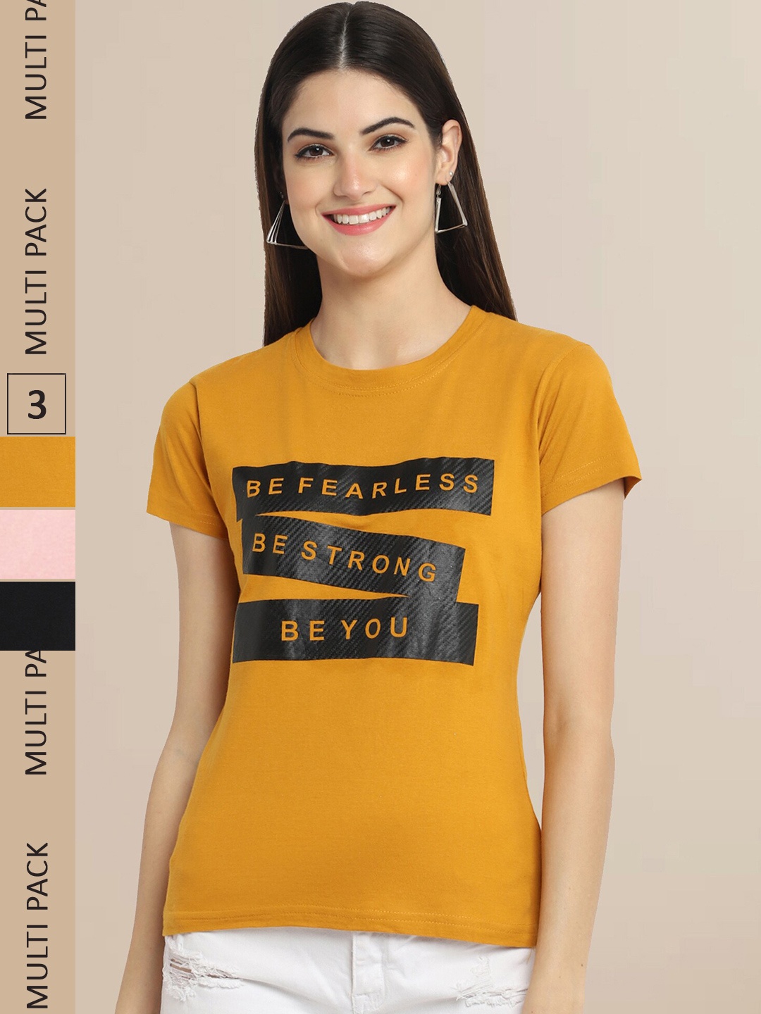 Fabflee Women Pack of 3 Typography Cotton T-shirts, Mustard