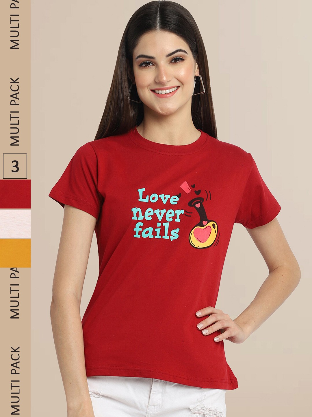 

Fabflee Women Pack of 3 Printed Cotton T-shirts, Red