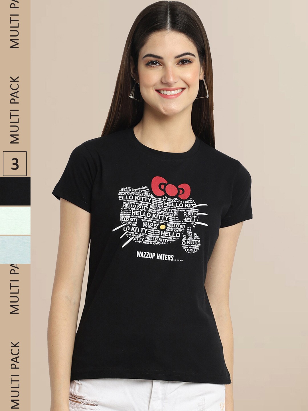 

Fabflee Women Pack of 3 Printed Cotton T-shirts, Black