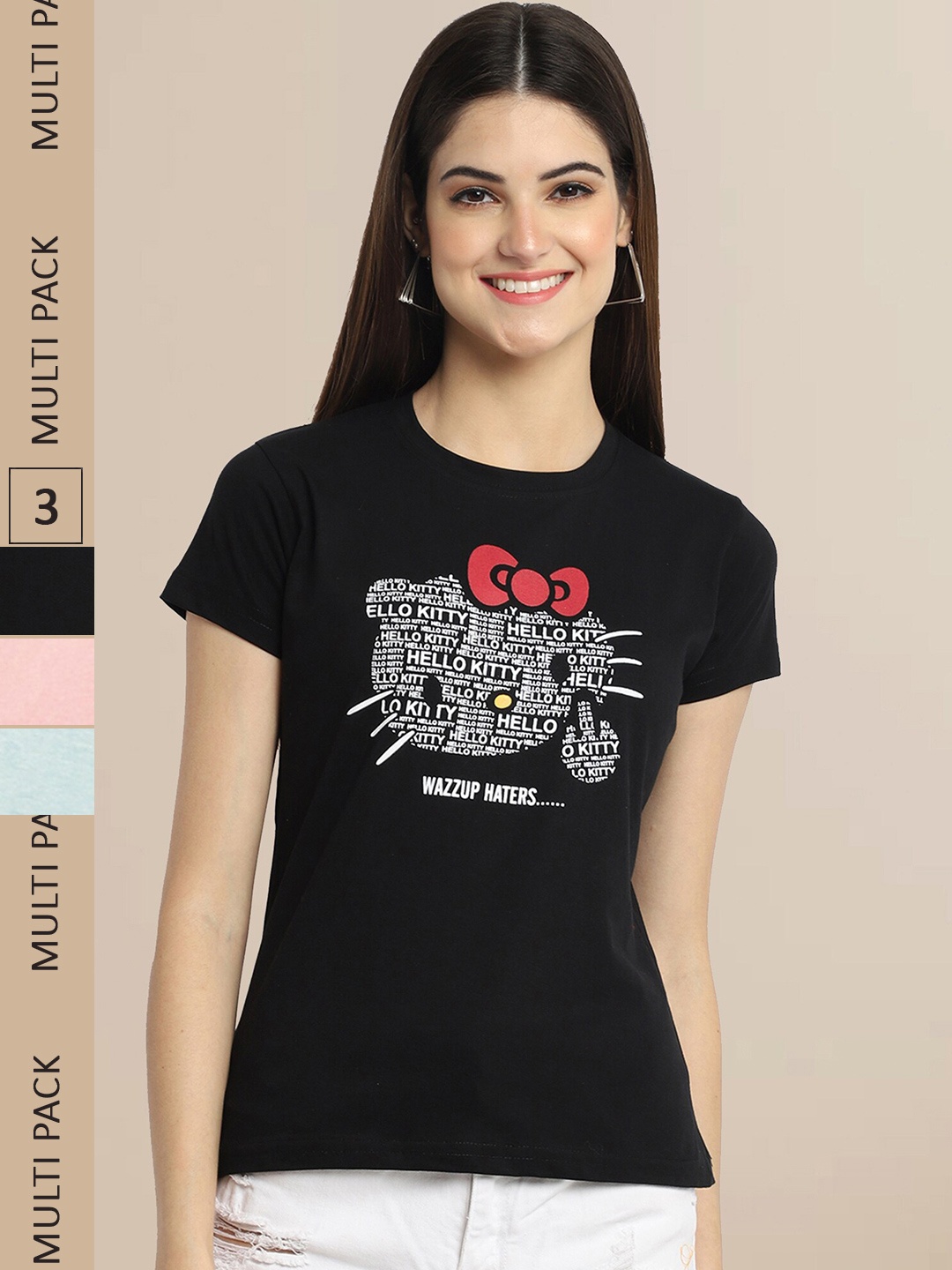 

Fabflee Women Pack of 3 Printed Cotton T-shirts, Black