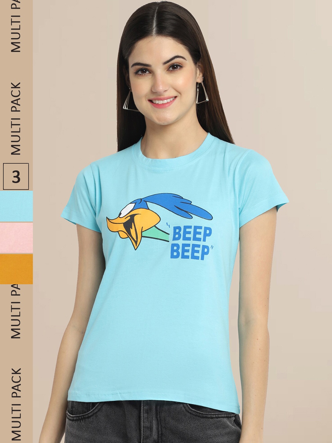 

Fabflee Women Pack of 3 Printed Cotton T-shirts, Blue