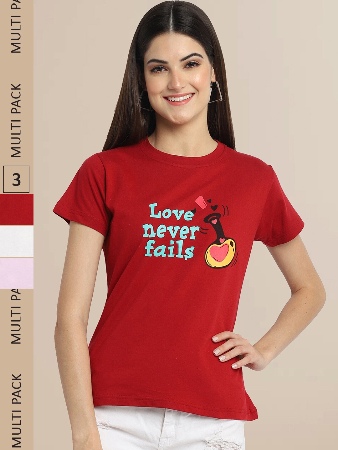 

Fabflee Women Pack of 3 Printed Cotton T-shirts, Red