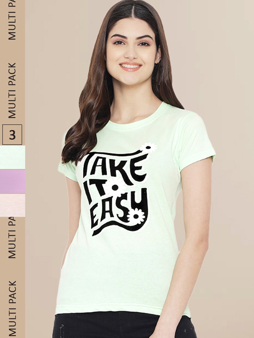 

Fabflee Women Pack of 3 Typography 3 Printed Cotton T-shirts, Sea green