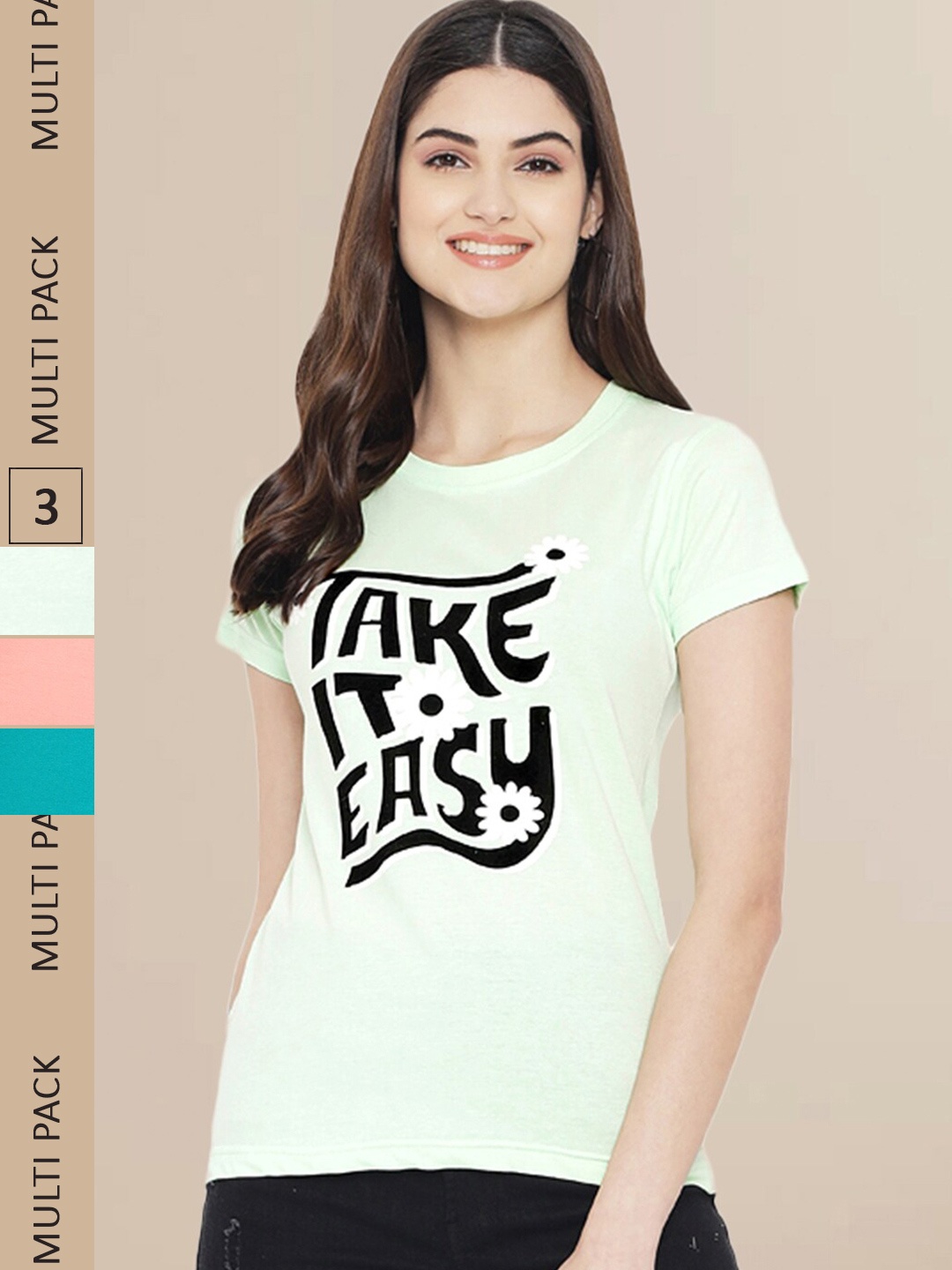 

Fabflee Women Pack of 3 Printed Cotton T-shirts, Sea green