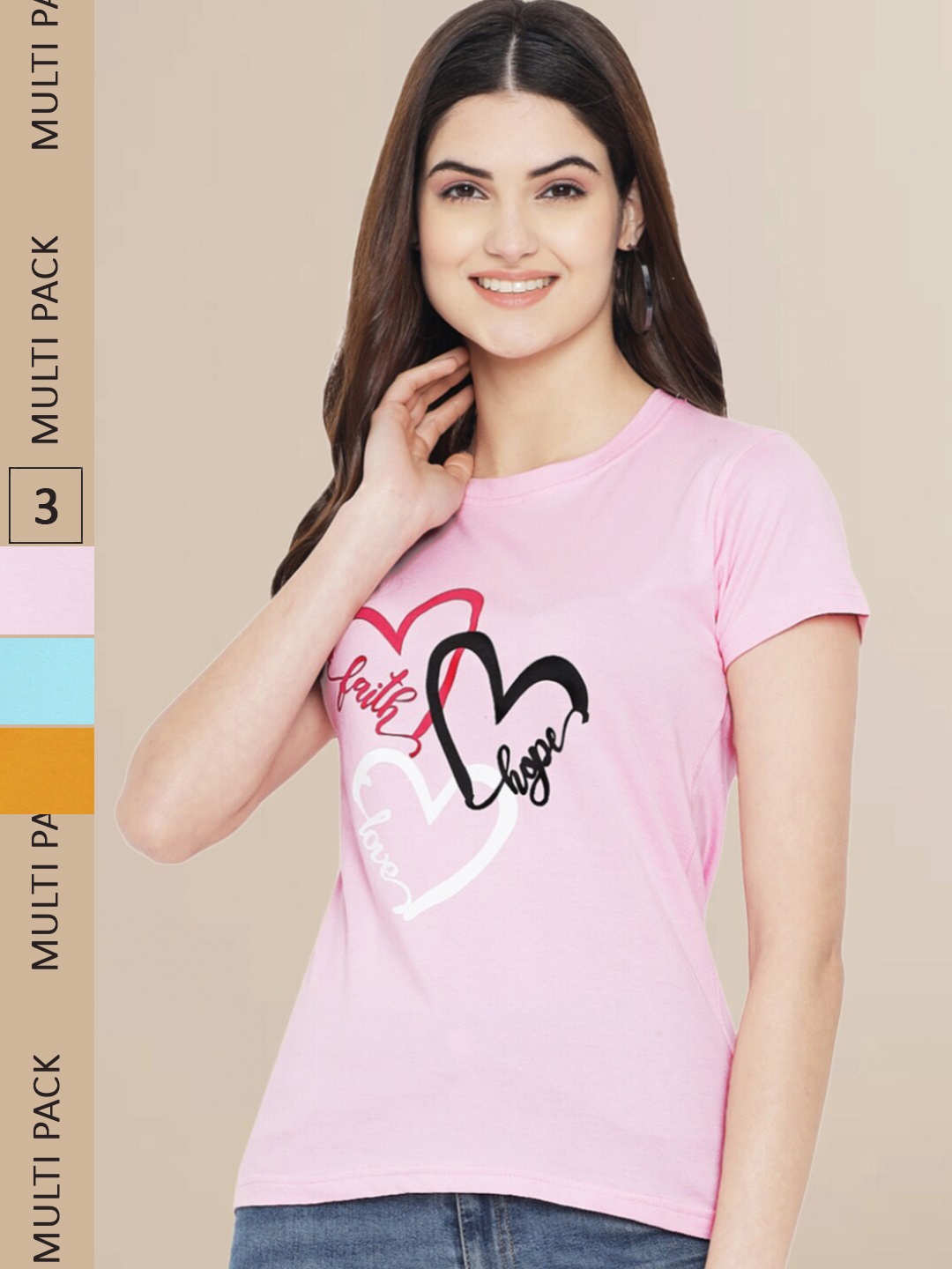 

Fabflee Women Pack of 3 Printed Cotton T-shirts, Pink