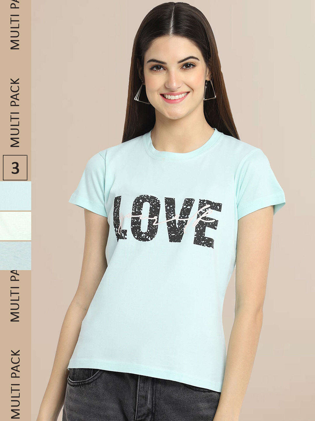 

Fabflee Women Pack of 3 Typography Printed Cotton T-shirts, Sea green