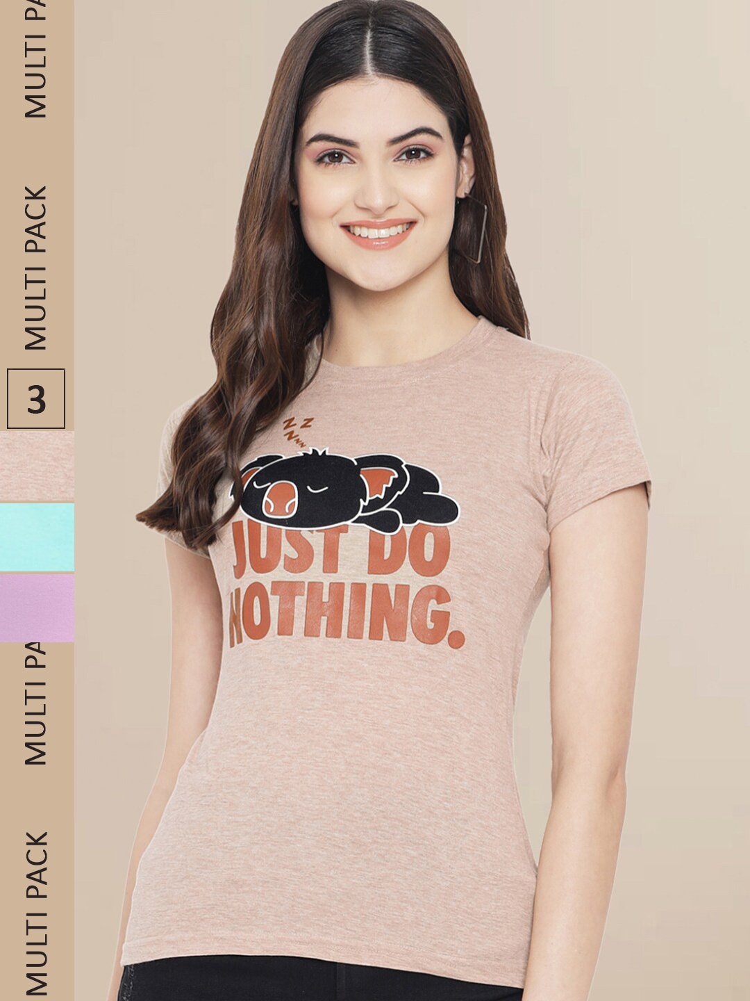 

Fabflee Women Pack of 3 Printed Cotton T-shirts, Brown