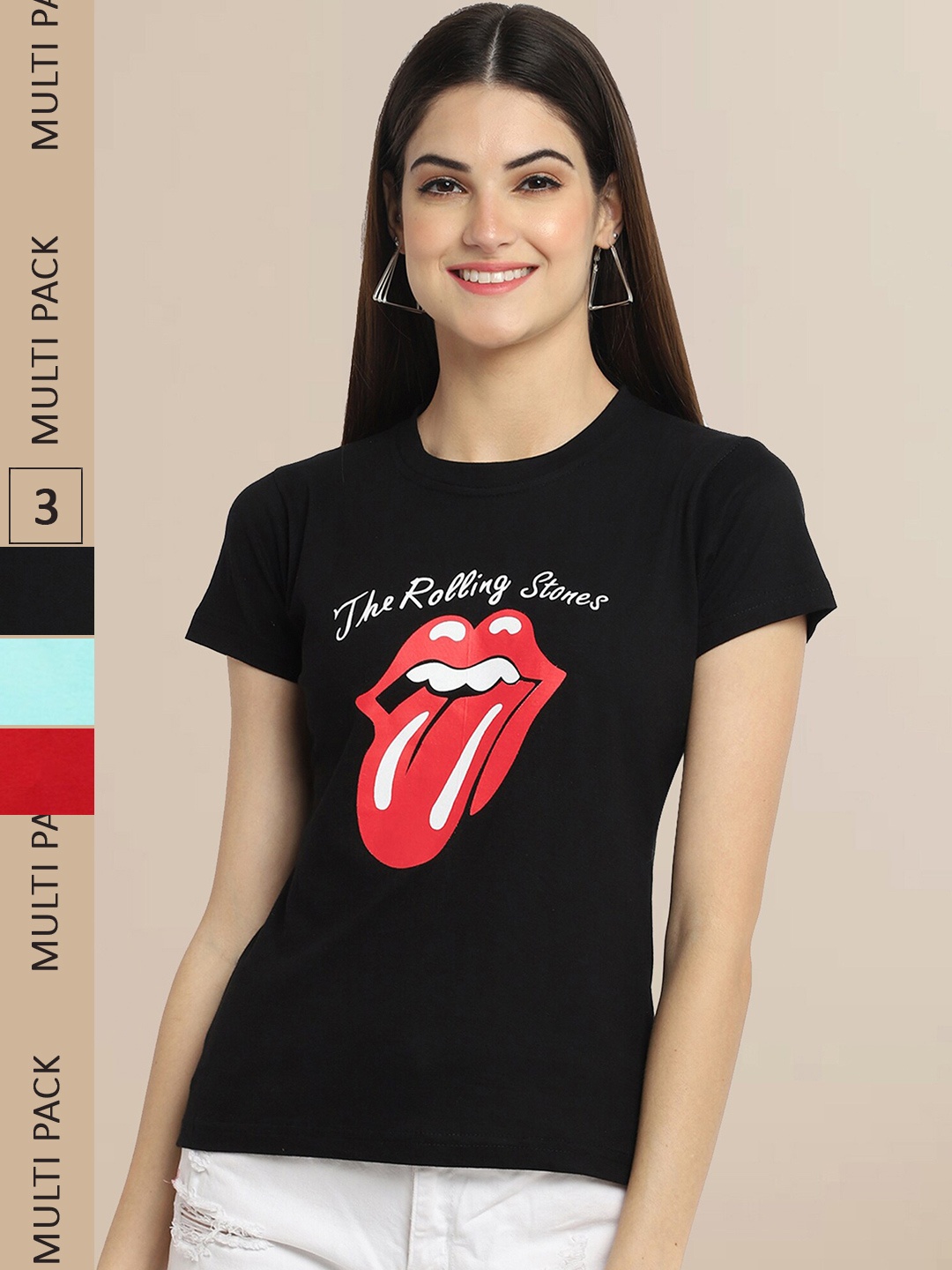 

Fabflee Women Pack of 3 Printed Cotton T-shirts, Black