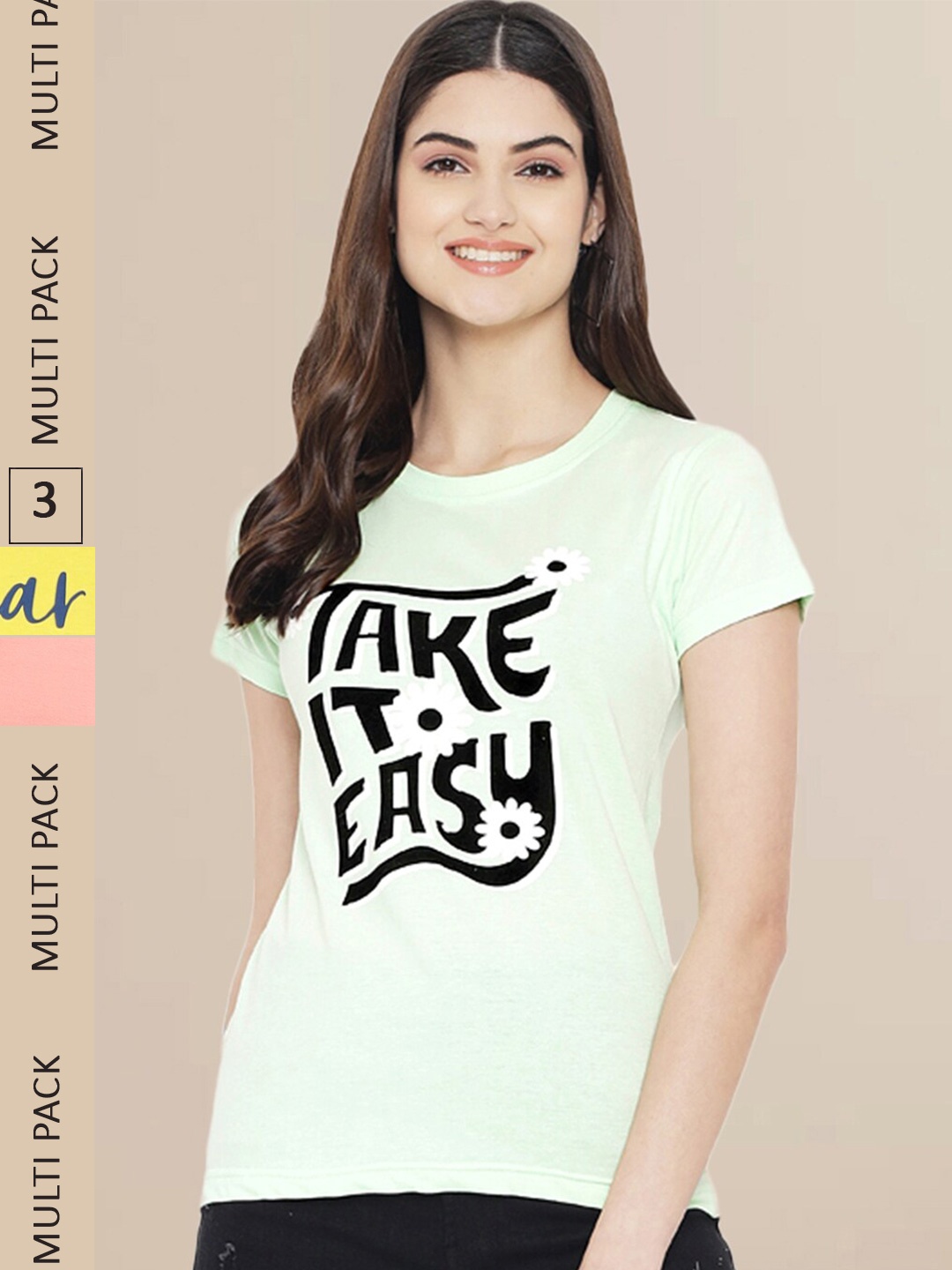 

Fabflee Women Pack of 3 Printed Cotton T-shirts, Off white