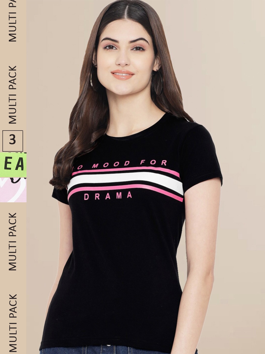 Fabflee Women Pack of 3 Printed Cotton T-shirts, Black