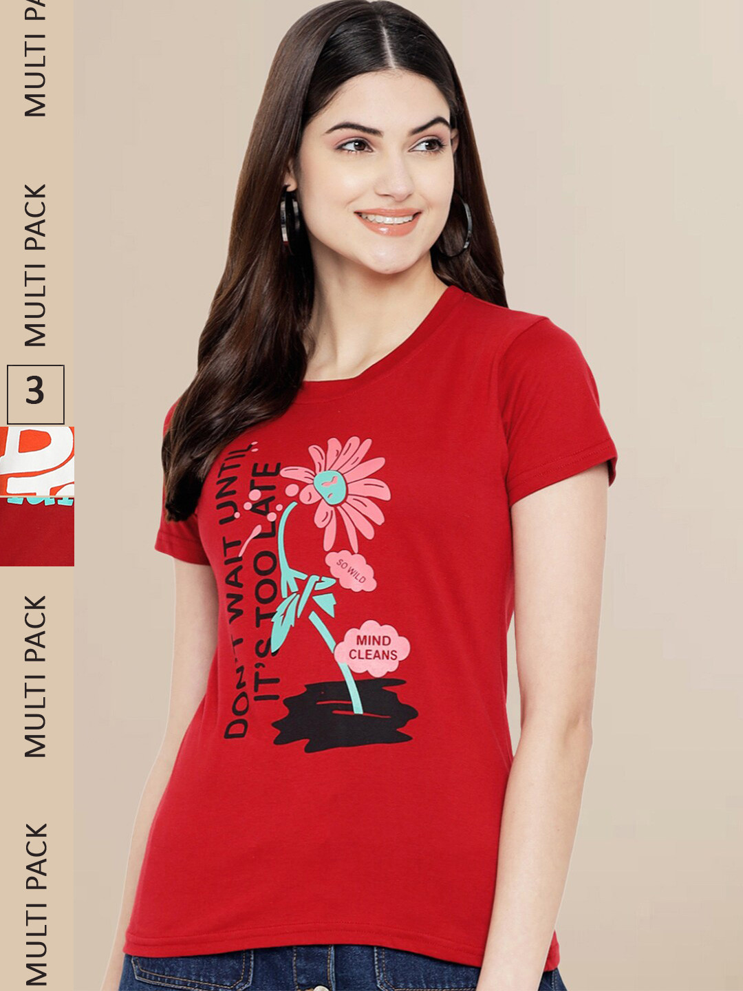 

Fabflee Women Pack of 3 Printed Cotton T-shirts, Red