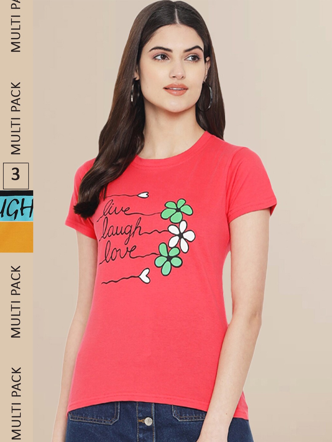 

Fabflee Women Pack of 3 Typography 3 Printed Cotton T-shirts, Peach