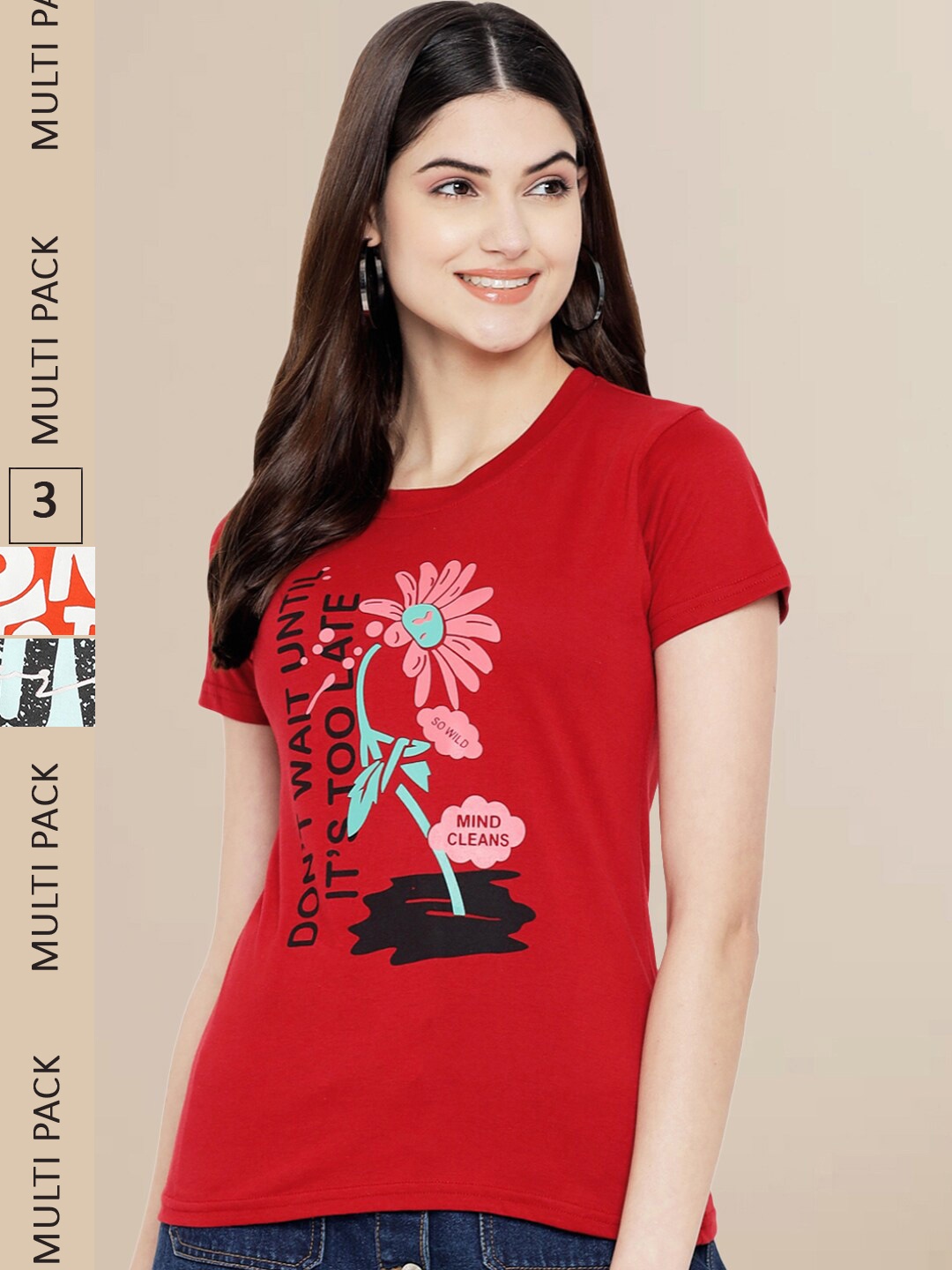 

Fabflee Women Pack of 3 Printed Cotton T-shirts, Red