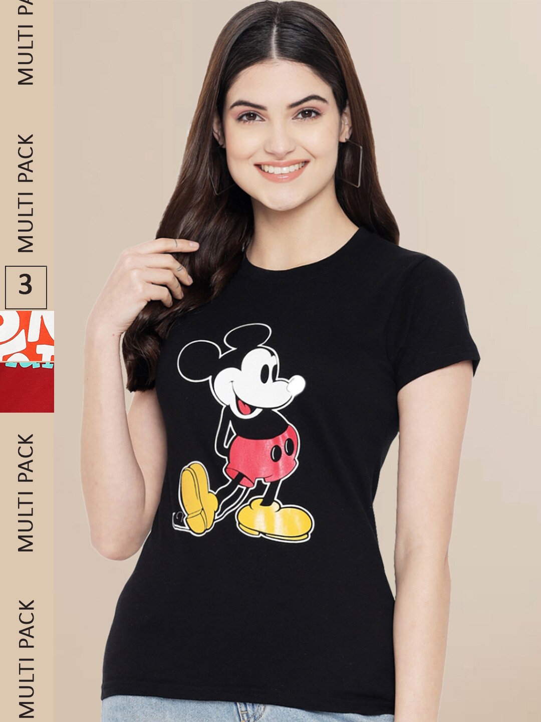 

Fabflee Women Pack of 3 Printed Cotton T-shirts, Black