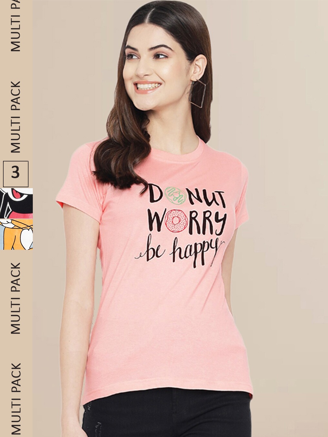 

Fabflee Women Pack of 3 Printed Cotton T-shirts, Peach