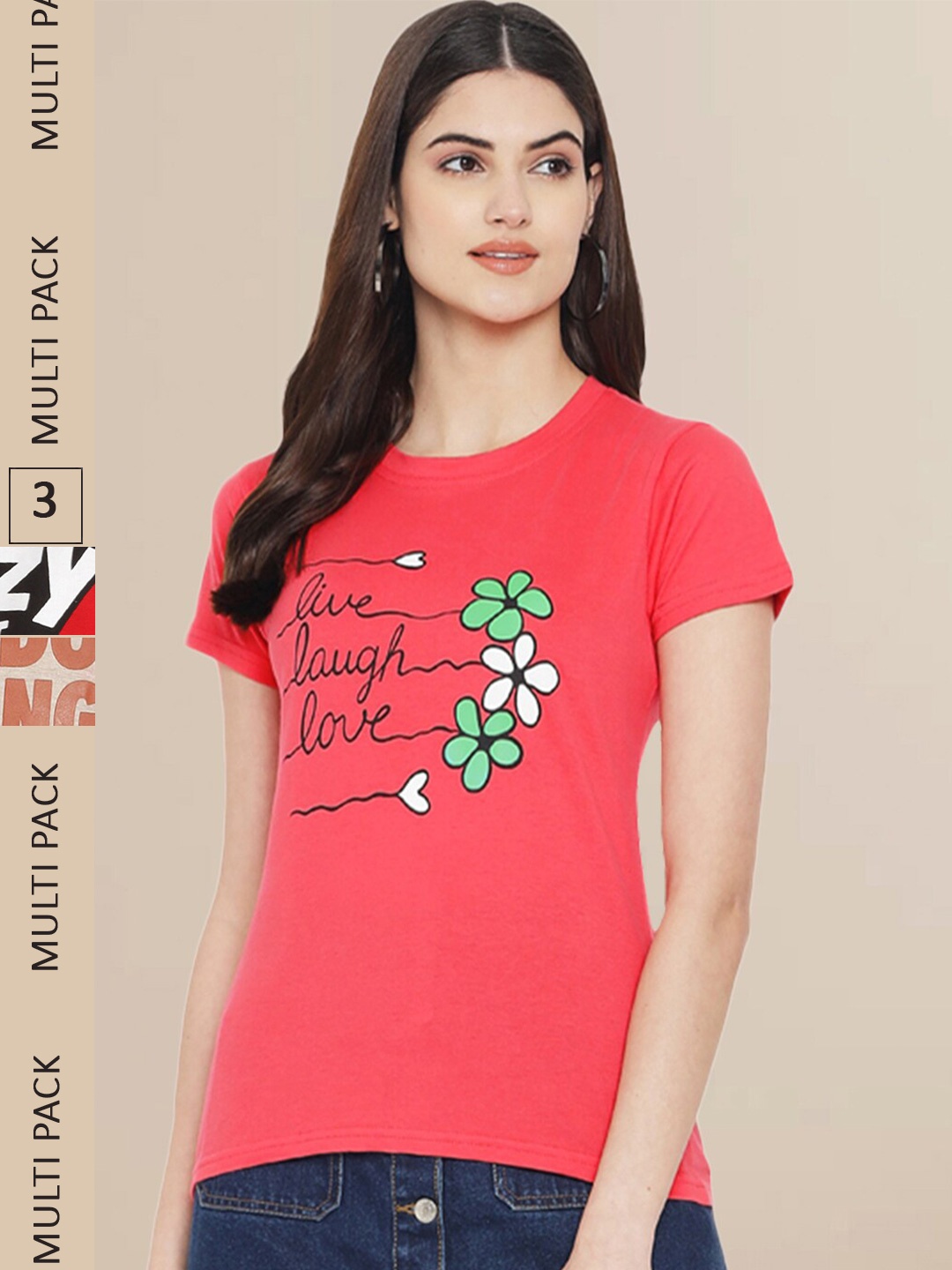 

Fabflee Women Pack of 3 Printed Cotton T-shirts, Red