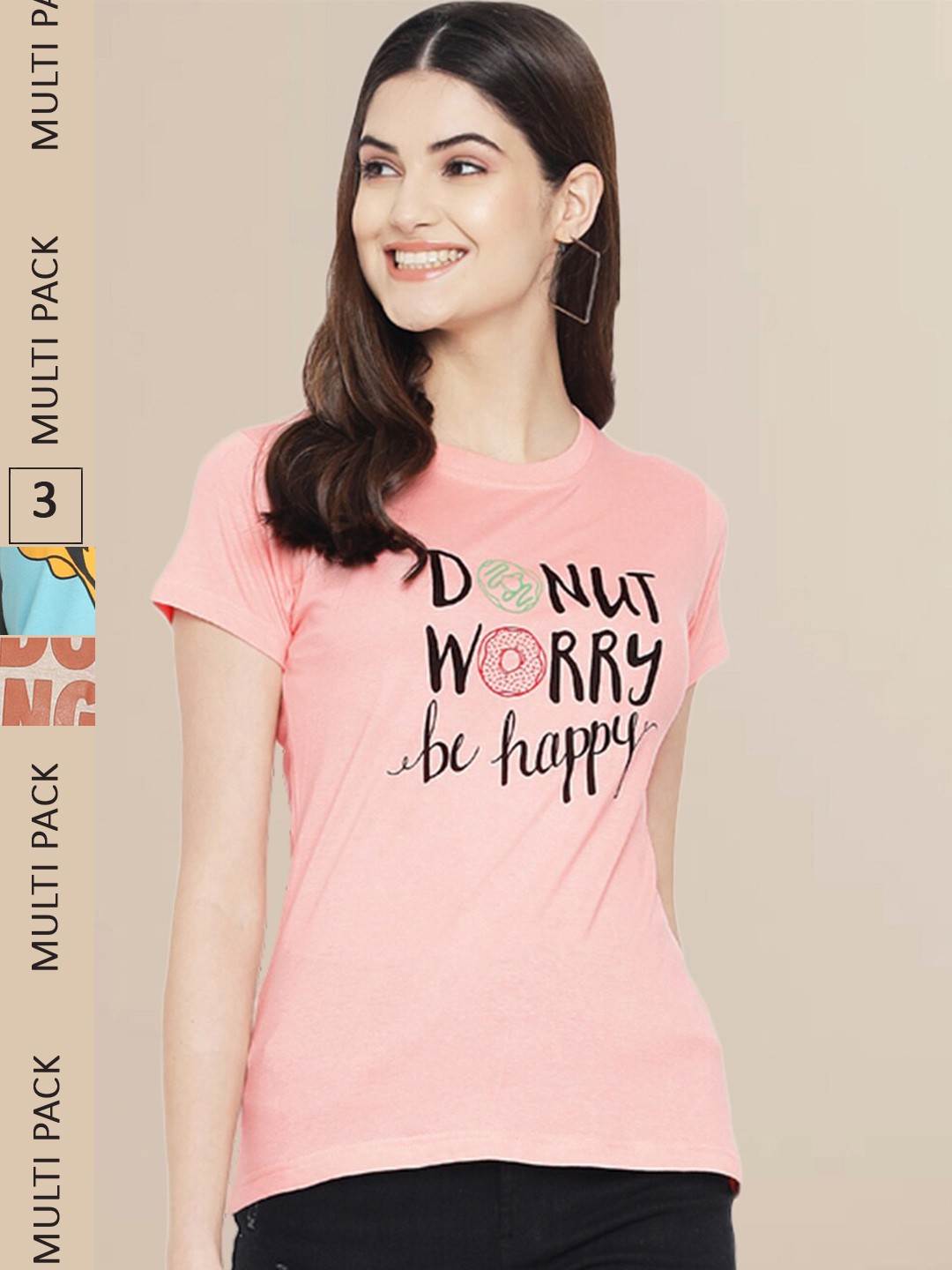 

Fabflee Women Pack of 3 Printed Cotton T-shirts, Peach