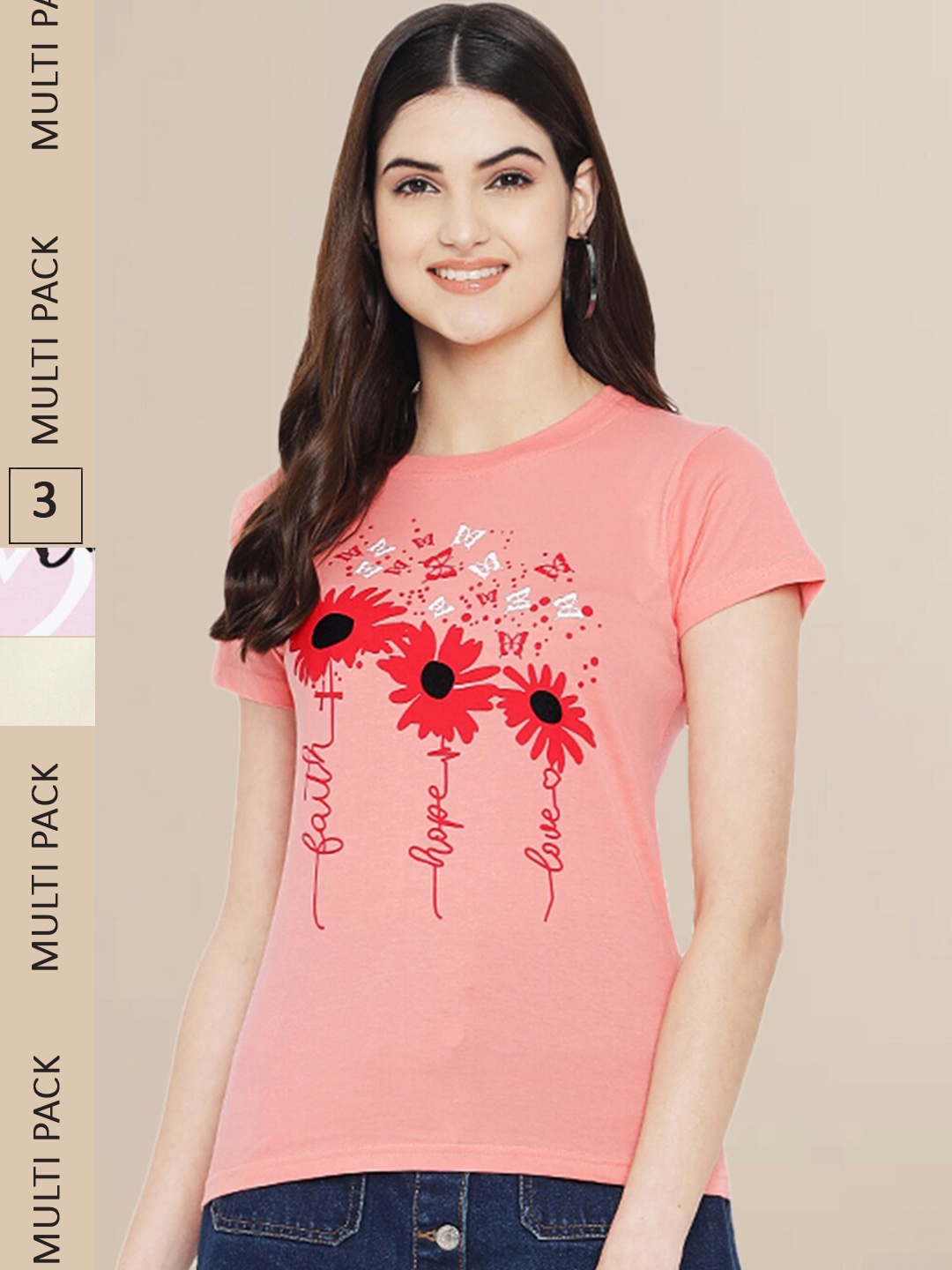 

Fabflee Women Pack Of 3 Printed Cotton T-shirt, Coral