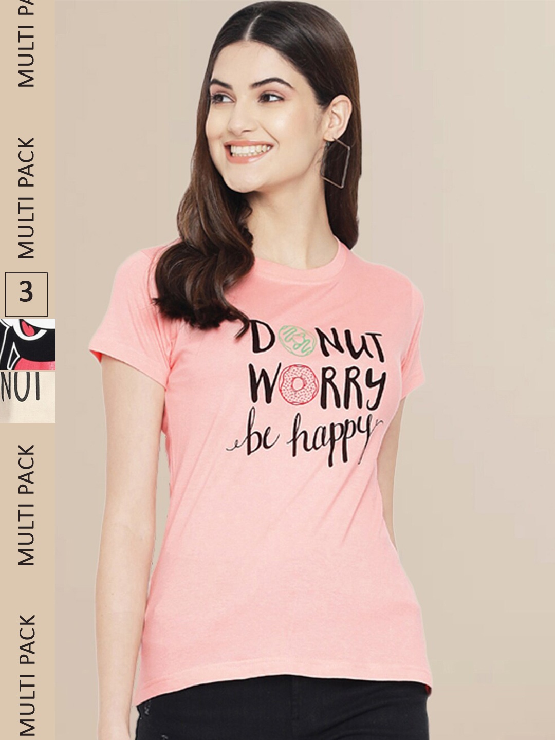 

Fabflee Women Pack Of 3 Typography Printed Cotton T-shirt, Pink