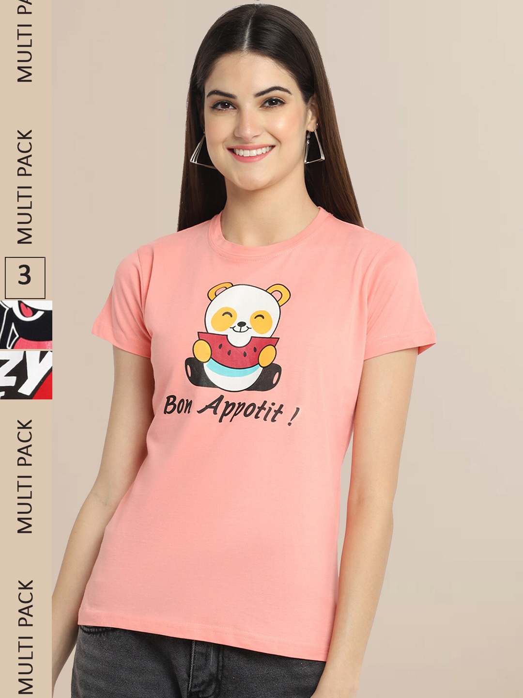 

Fabflee Women Pack Of 3 Printed Cotton T-shirt, Peach