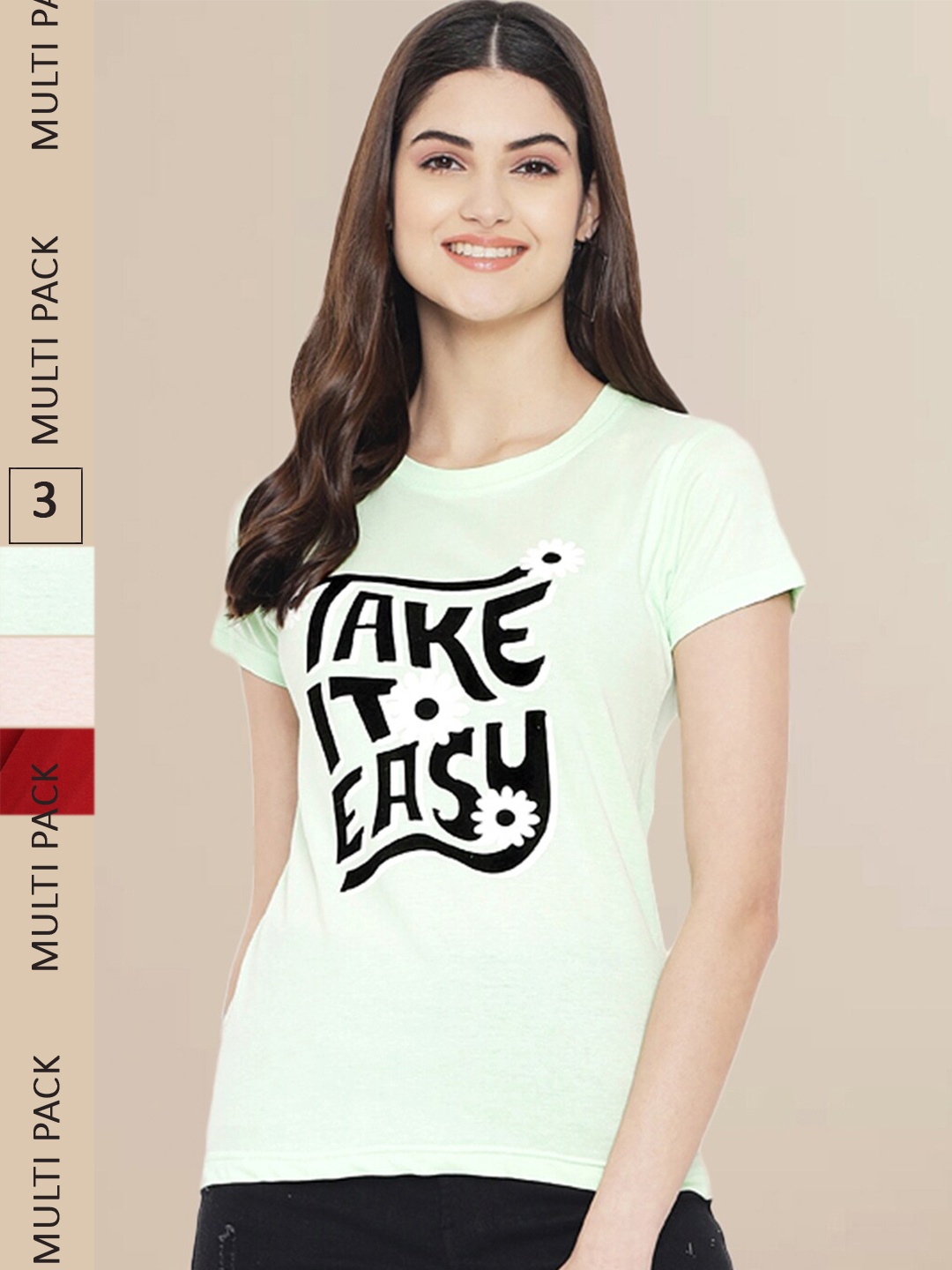 

Fabflee Women Pack Of 3 Typography Printed Cotton T-shirt, Sea green