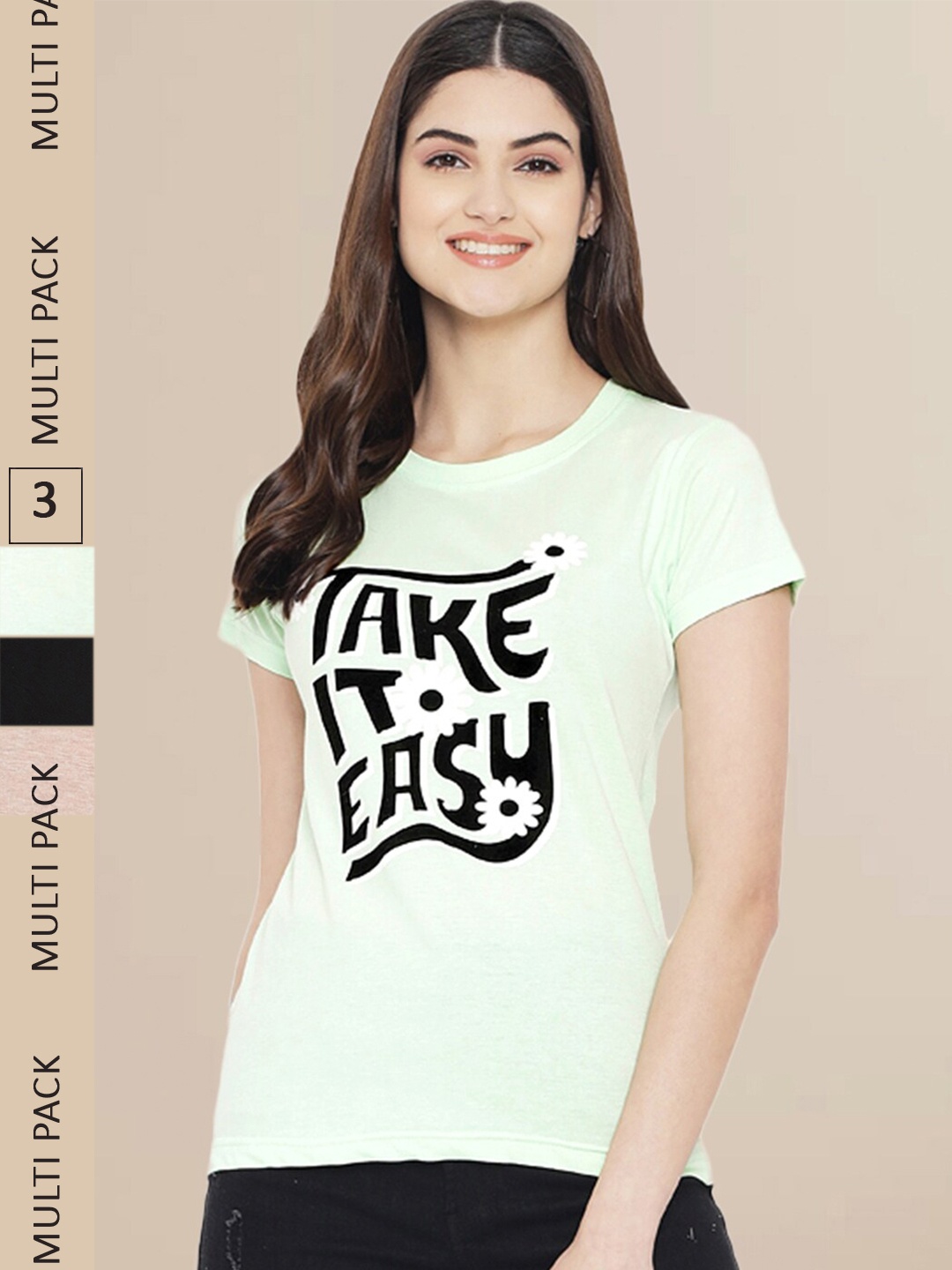 

Fabflee Women Pack Of 3 Typography Printed Cotton T-shirt, Sea green