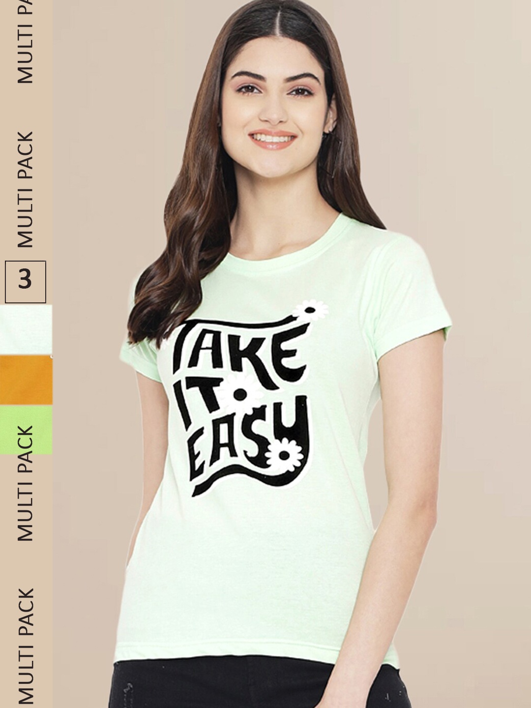 

Fabflee Women Pack Of 3 Typography Printed Cotton T-shirt, Off white