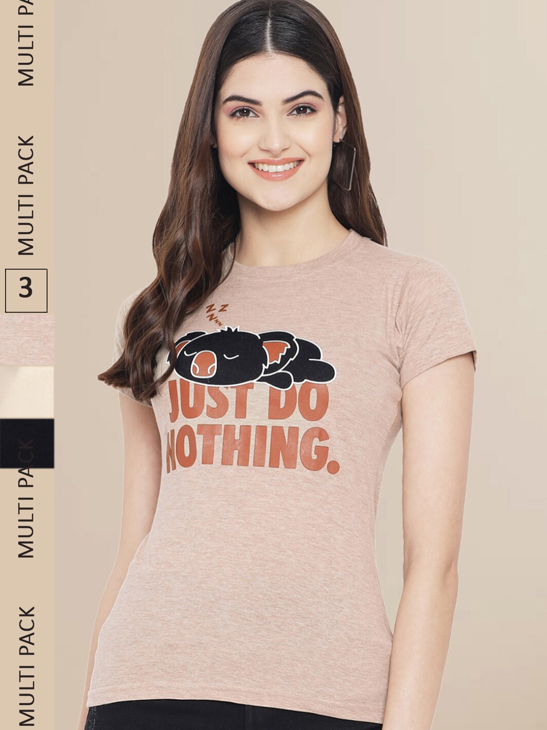 

Fabflee Women Pack Of 3 Printed Cotton T-shirt, Tan