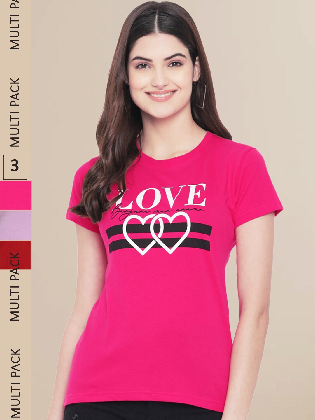 Fabflee Women Pack Of 3 Typography Cotton Printed T-shirt, Pink