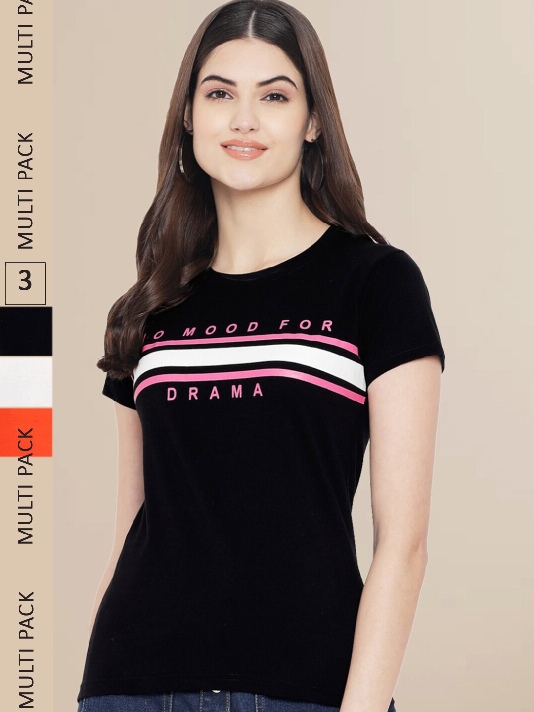 

Fabflee Women Pack Of 3 Printed Cotton T-shirt, Black