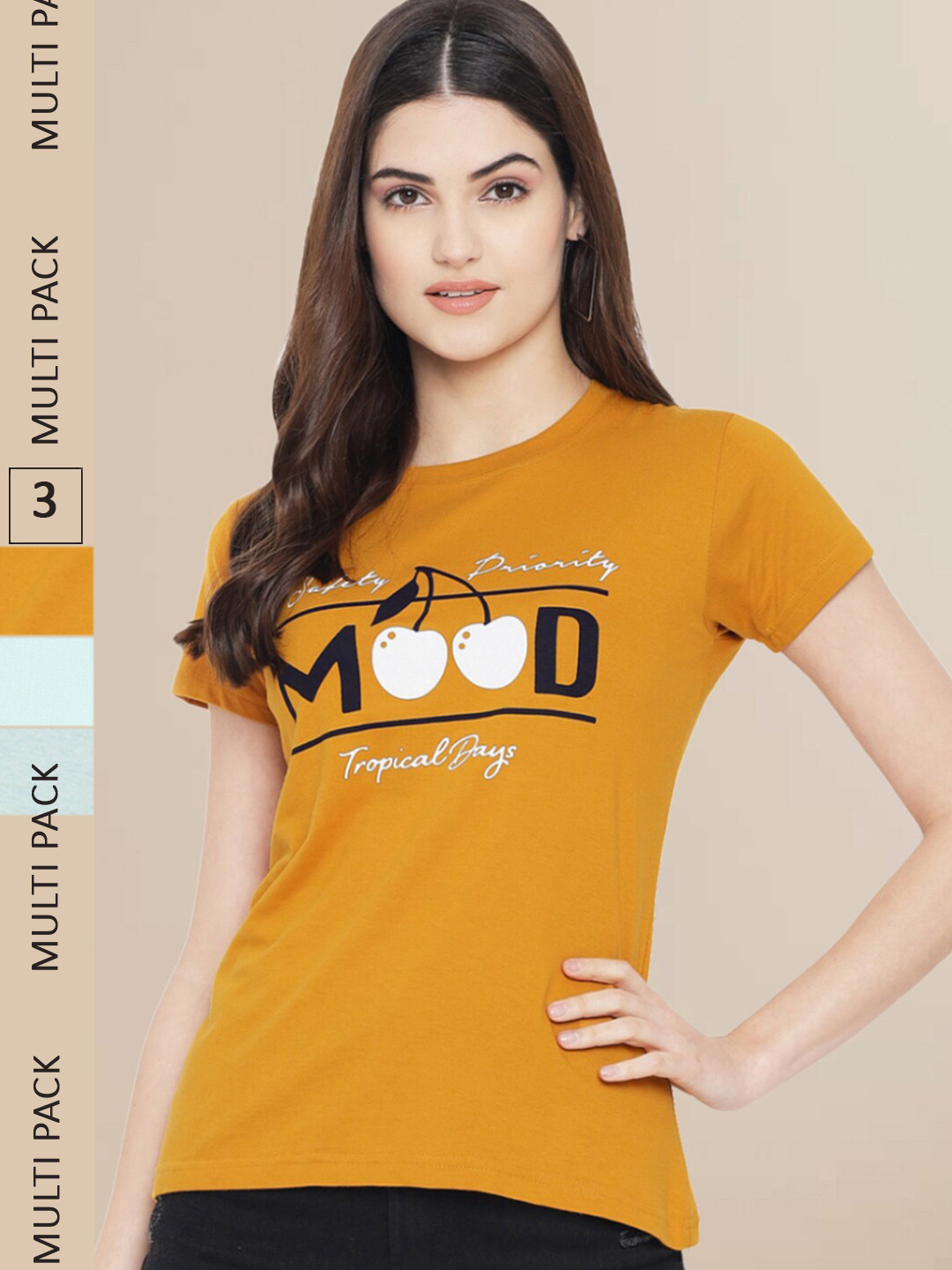 

Fabflee Women Pack Of 3 Printed Cotton T-shirt, Mustard