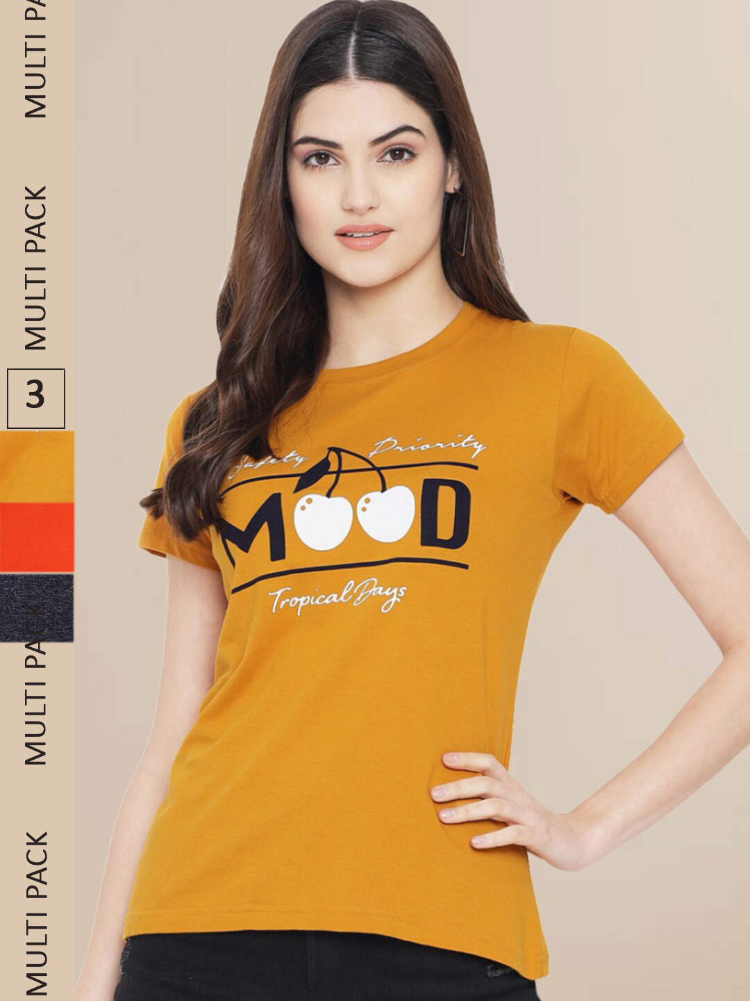 

Fabflee Women Pack Of 3 Printed Cotton T-shirt, Mustard