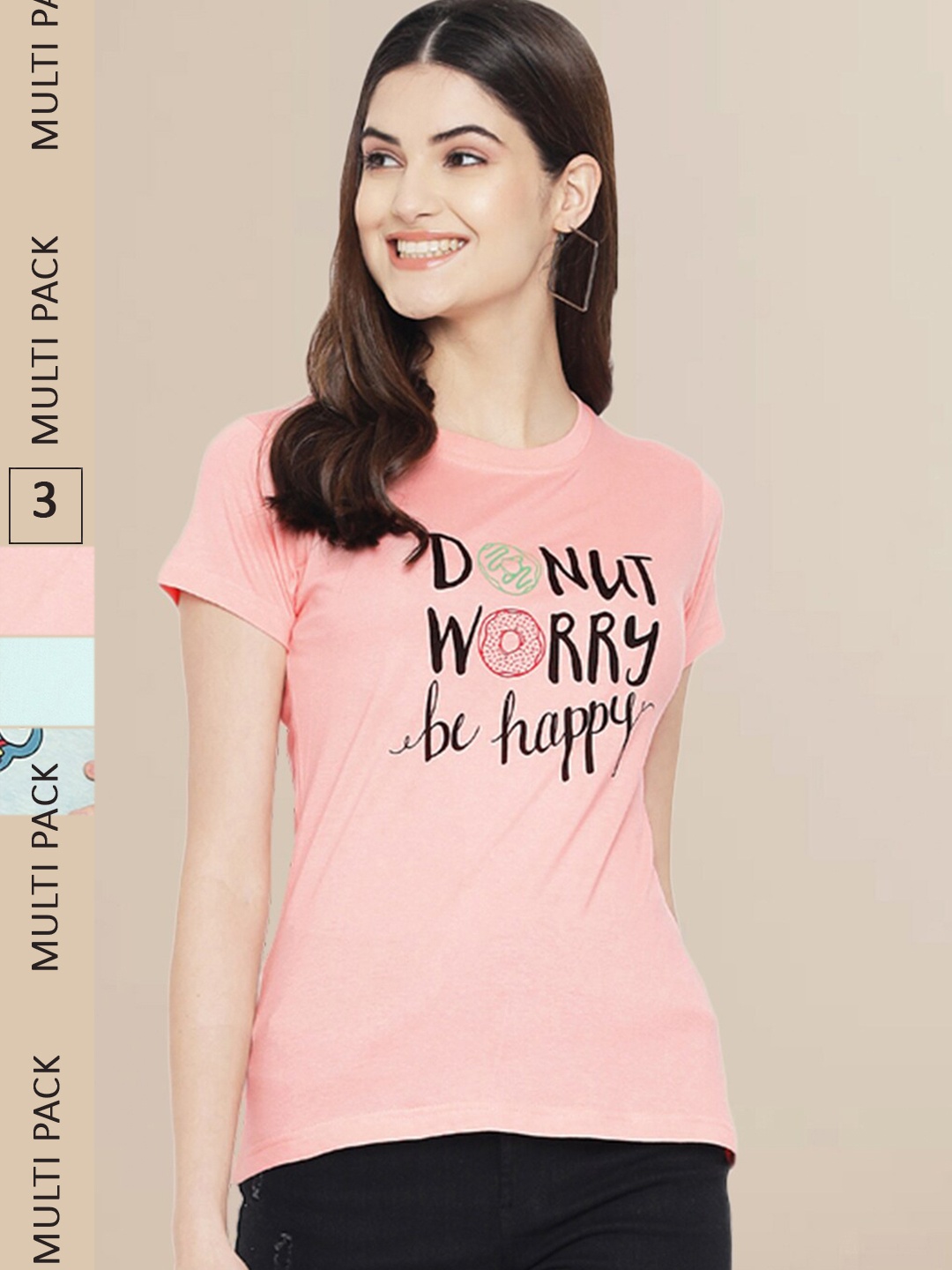 

Fabflee Women Pack Of 3 Typography Printed Cotton T-shirt, Peach