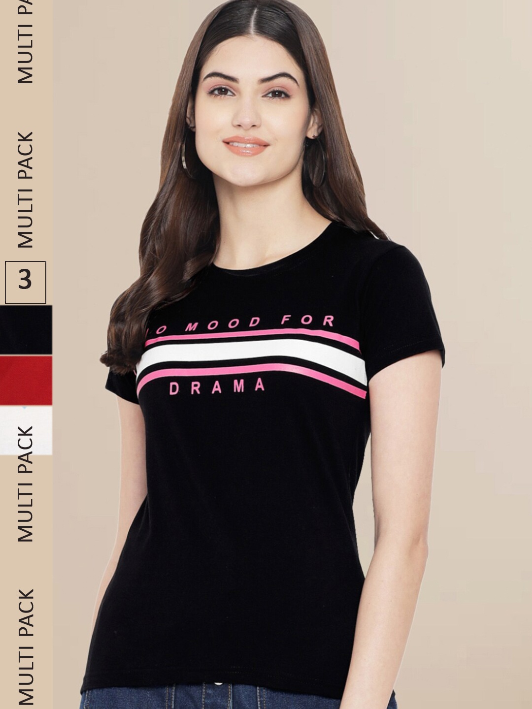 Fabflee Women Pack Of 3 Printed Cotton T-shirt, Black