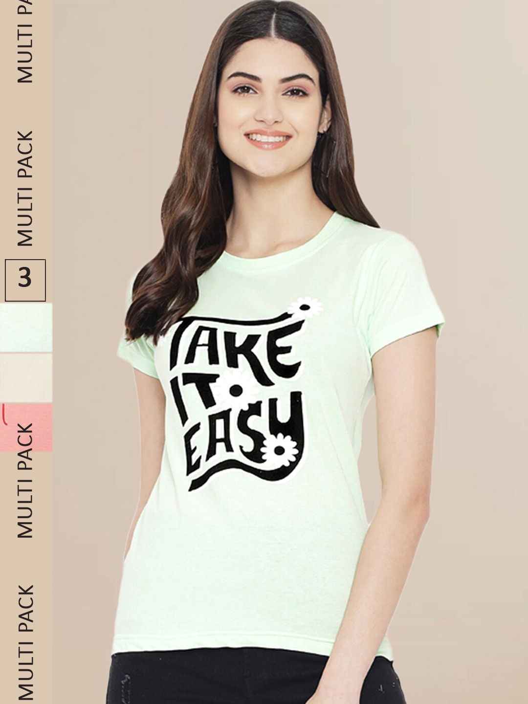 Fabflee Women Pack Of 3 Typography Printed Cotton T-shirt, Sea green