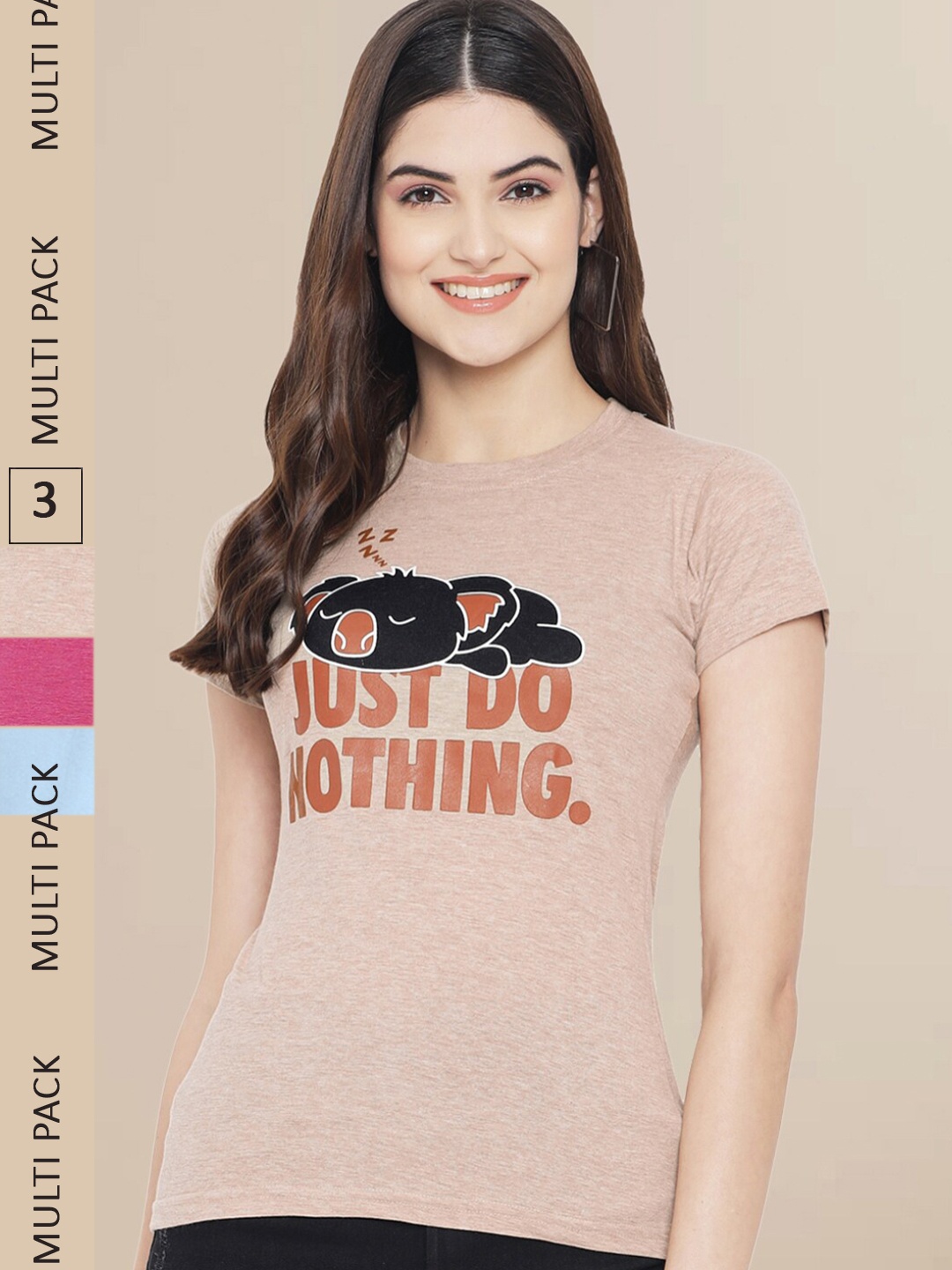 Fabflee Women Pack Of 3 Printed Cotton T-shirt, Tan