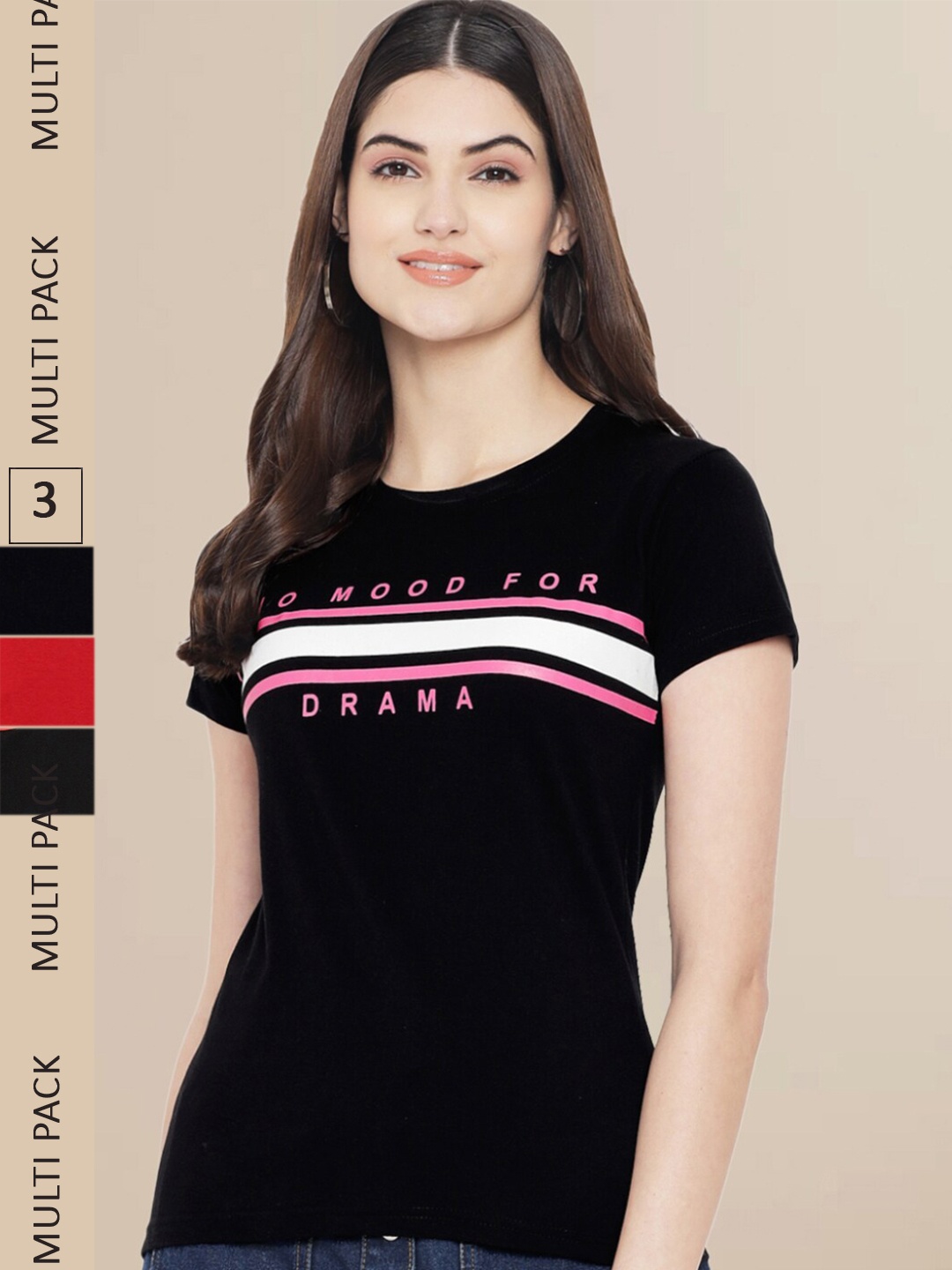 Fabflee Women Pack Of 3 Printed Cotton T-shirt, Black