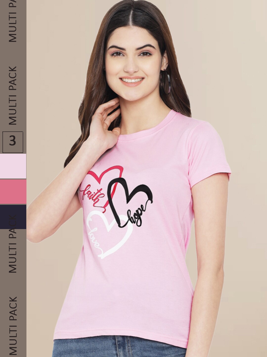 

Fabflee Women Pink & Navy Blue Pack of 3 Graphic Printed Cotton T-shirt