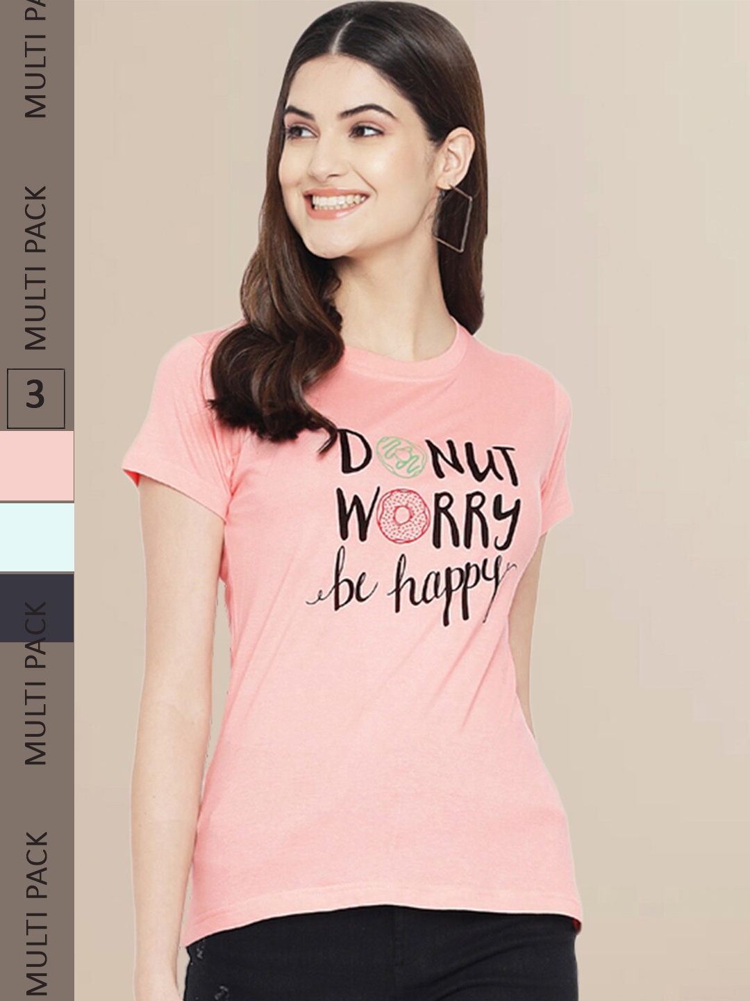 

Fabflee Women Peach & Blue Pack of 3 Graphic Printed Cotton T-shirt