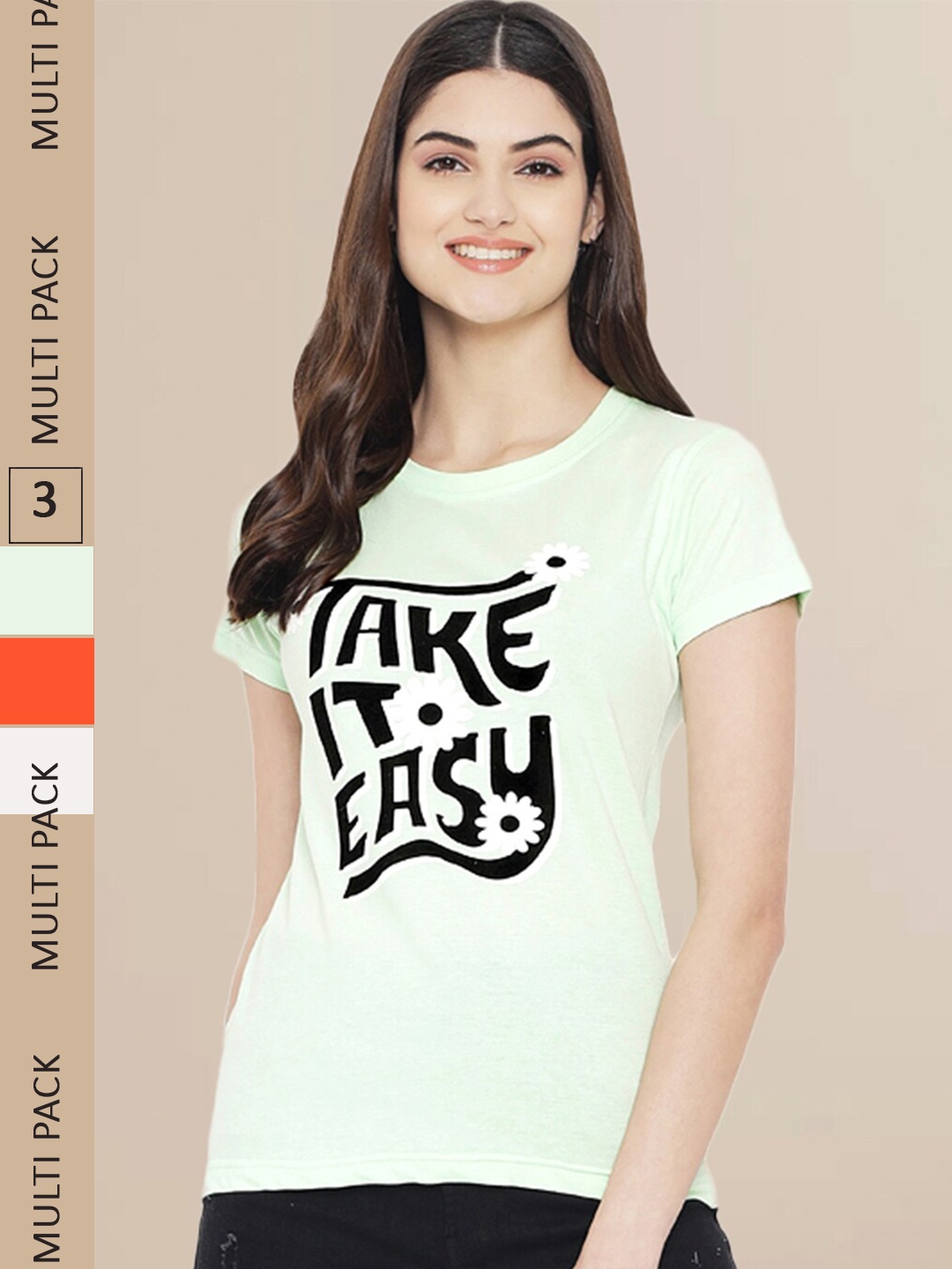 

Fabflee Women Green & Orange Pack of 3 Graphic Printed Cotton T-shirt