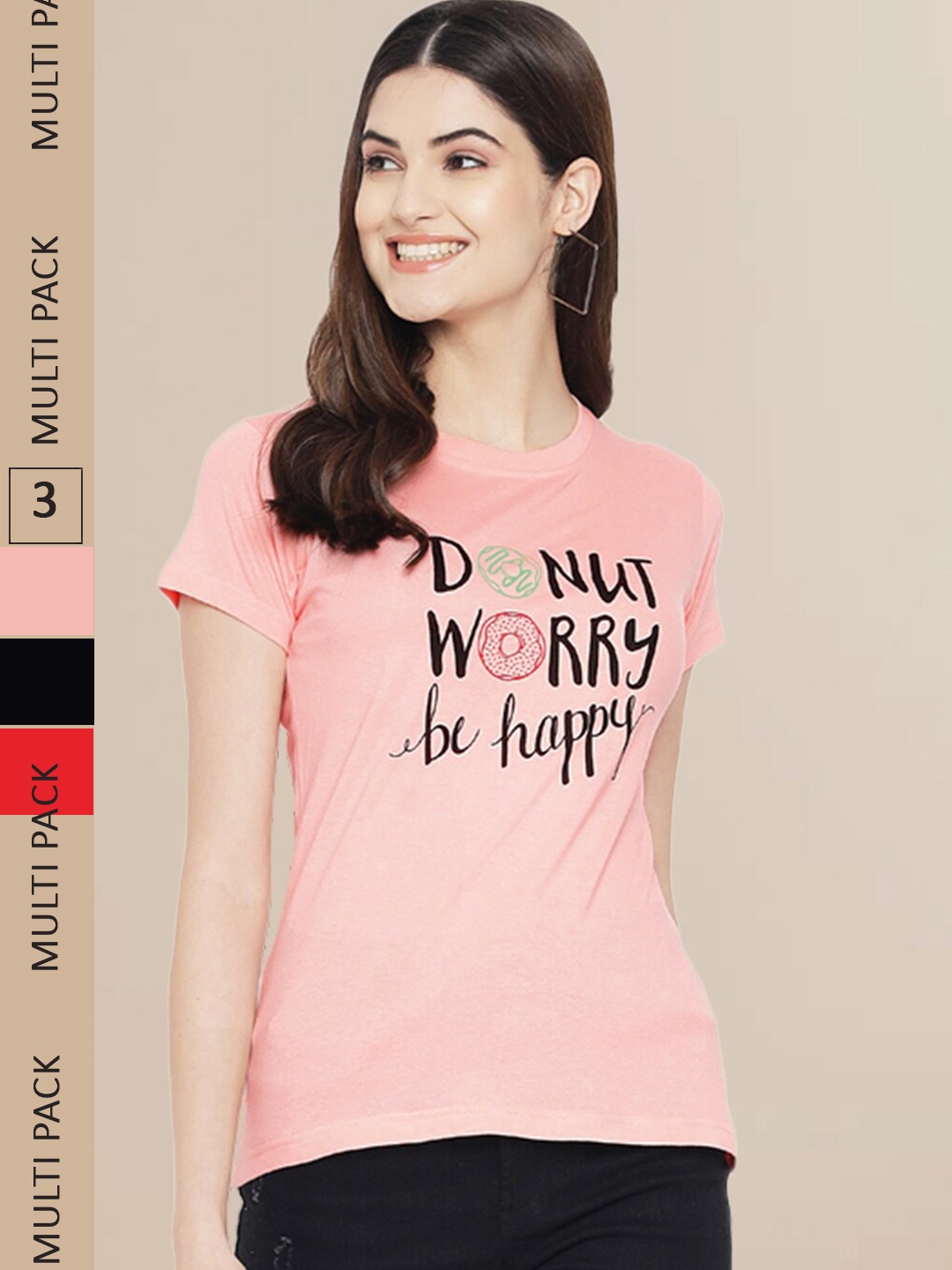 

Fabflee Women Black & Red Pack of 3 Typography Printed Cotton T-shirt