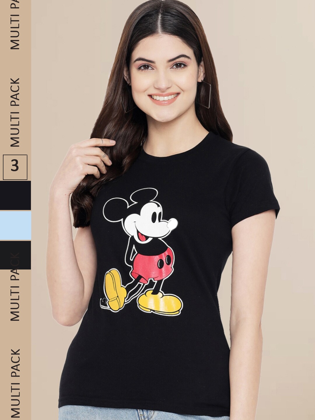 Fabflee Women Blue & Black Pack of 3 Graphic Printed Cotton T-shirt
