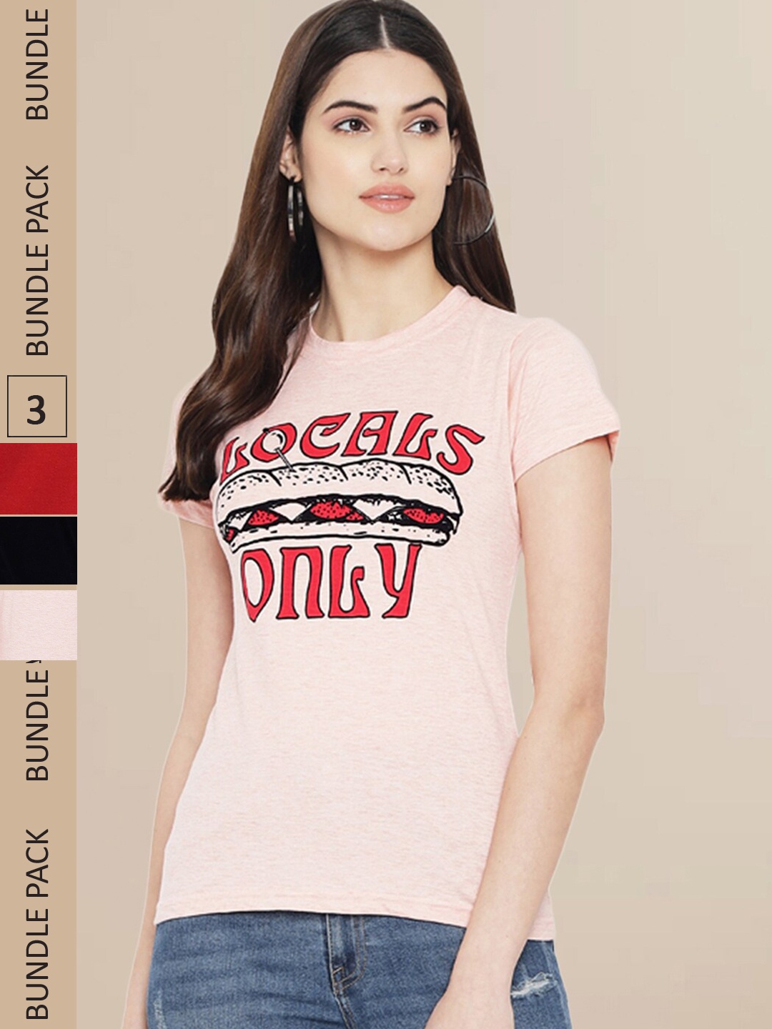 

Fabflee Women Black & Red Pack of 3 Graphic Printed Cotton T-shirt