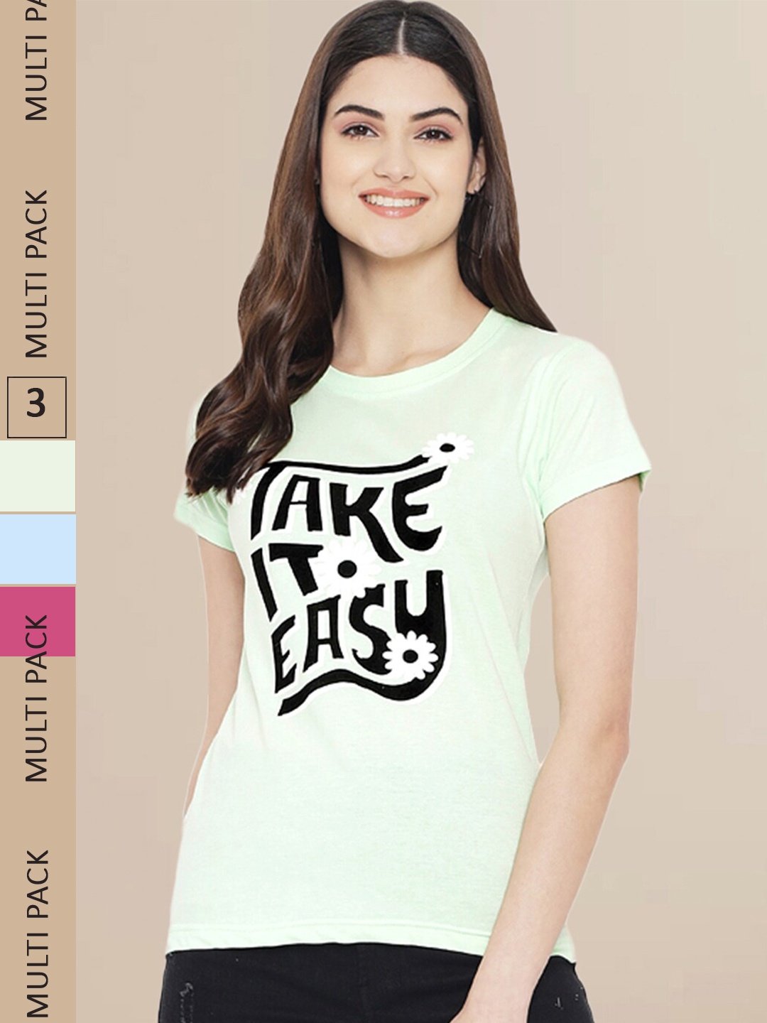 Fabflee Women Blue & Green Pack of 3 Graphic Printed Cotton T-shirt