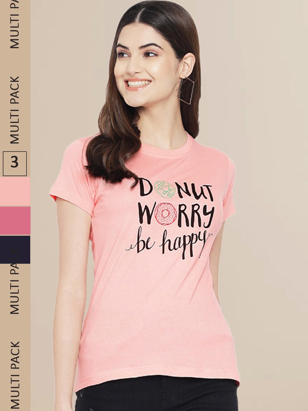 

Fabflee Women Navy Blue & Pink Pack of 3 Graphic Printed Cotton T-shirt