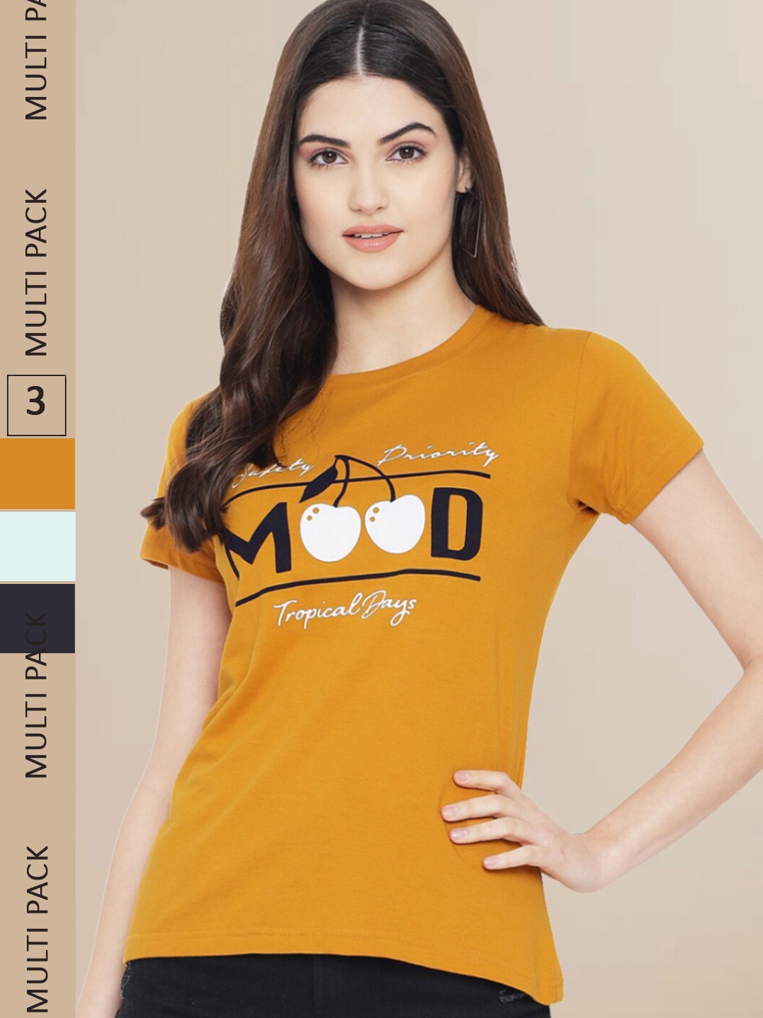 

Fabflee Women Mustard Yellow & Blue Pack of 3 Graphic Printed Cotton T-shirt