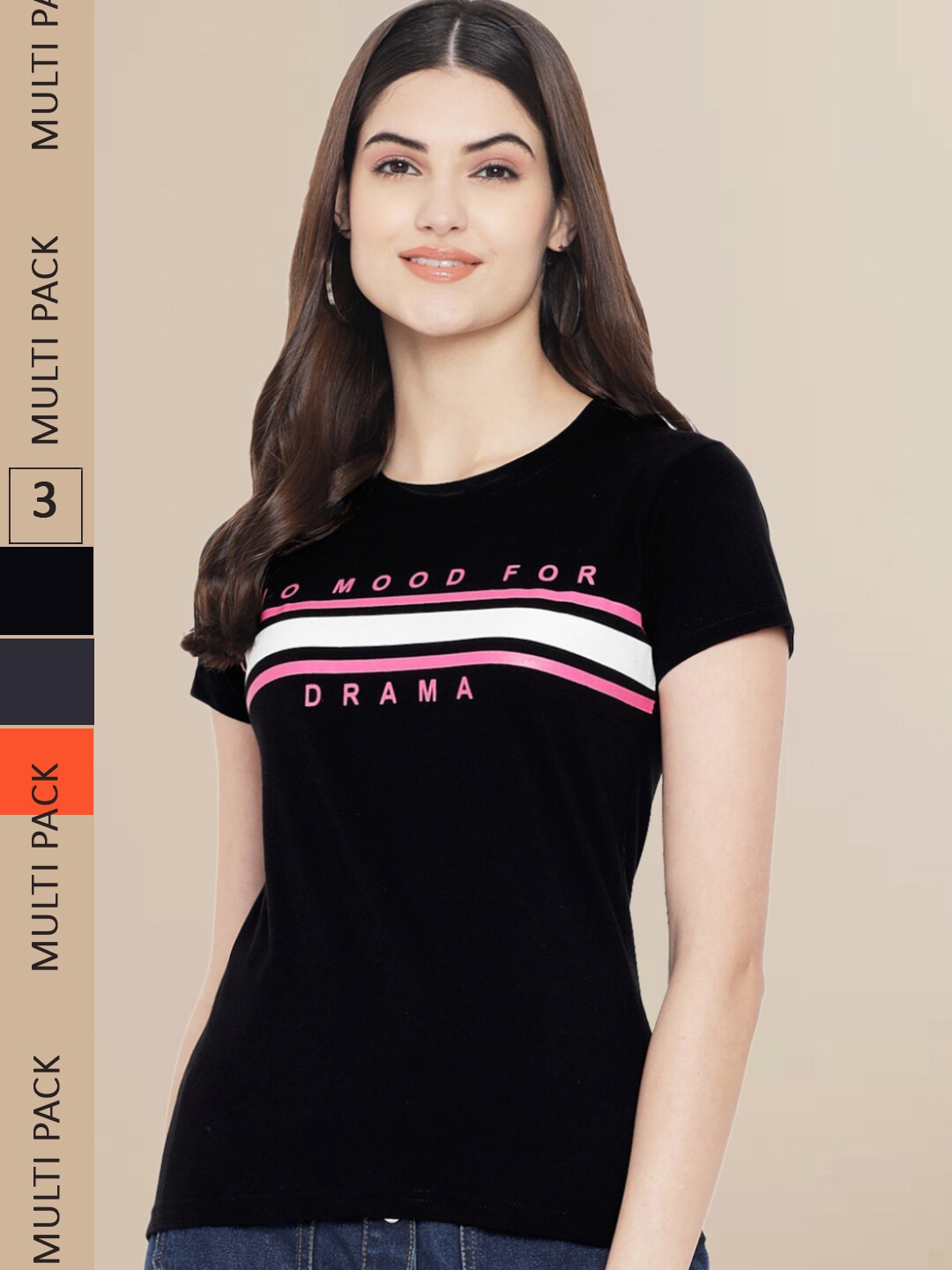 

Fabflee Women Orange & Black Pack of 3 Graphic Printed Cotton T-shirt