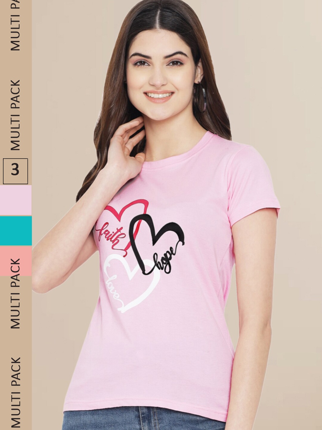 Fabflee Women Pink & Blue Pack of 3 Graphic Printed Cotton T-shirt