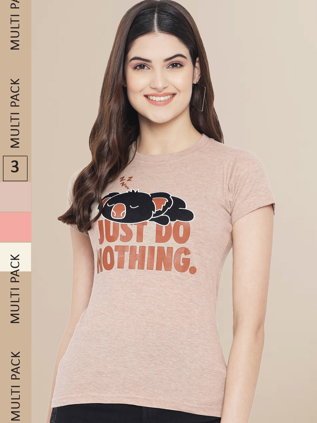 

Fabflee Women Beige & Peach Pack of 3 Graphic Printed Cotton T-shirt