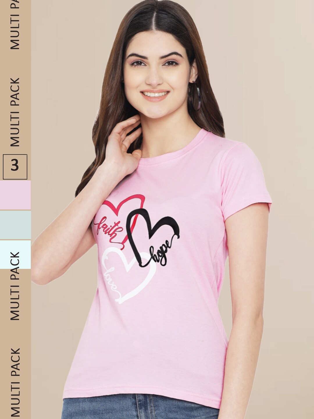 

Fabflee Women Pink & Blue Pack of 3 Graphic Printed Cotton T-shirt
